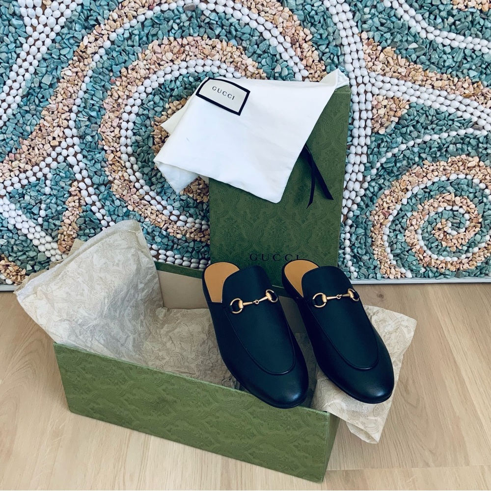 Gucci Black Leather Horsebit Backless Loafers